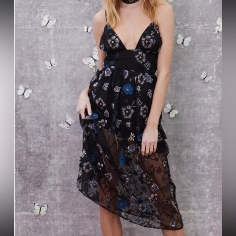 For Love & Lemons Botanic Black Blue Midi Dress